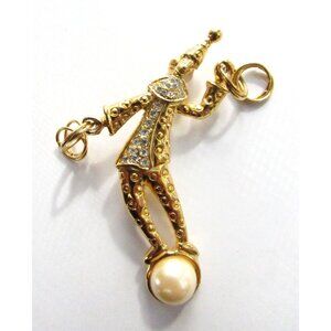 Vintage Gold-Tone Clown Brooch With Crystal & Pearl Accents Whimsical Costume Je